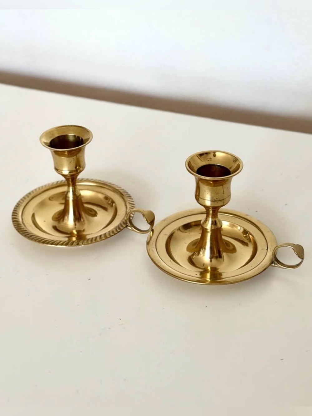 Vintage Solid Brass Chamberstick Candle Holders Pair Finger Loop Saucer Base